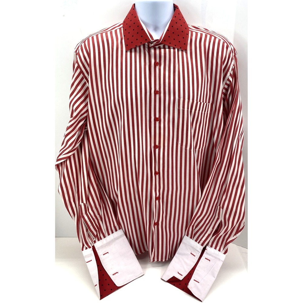 Karl Knox Mens Size 17 1/2 Single Needle Tailoring Shirt Red Stripe Flip Cuff‎